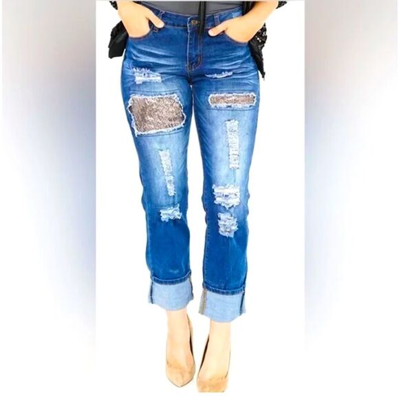L&B Pants - L & B Creations Silver Sequin Patch Boyfriend Skinny Jean - Size 20 denim Blue